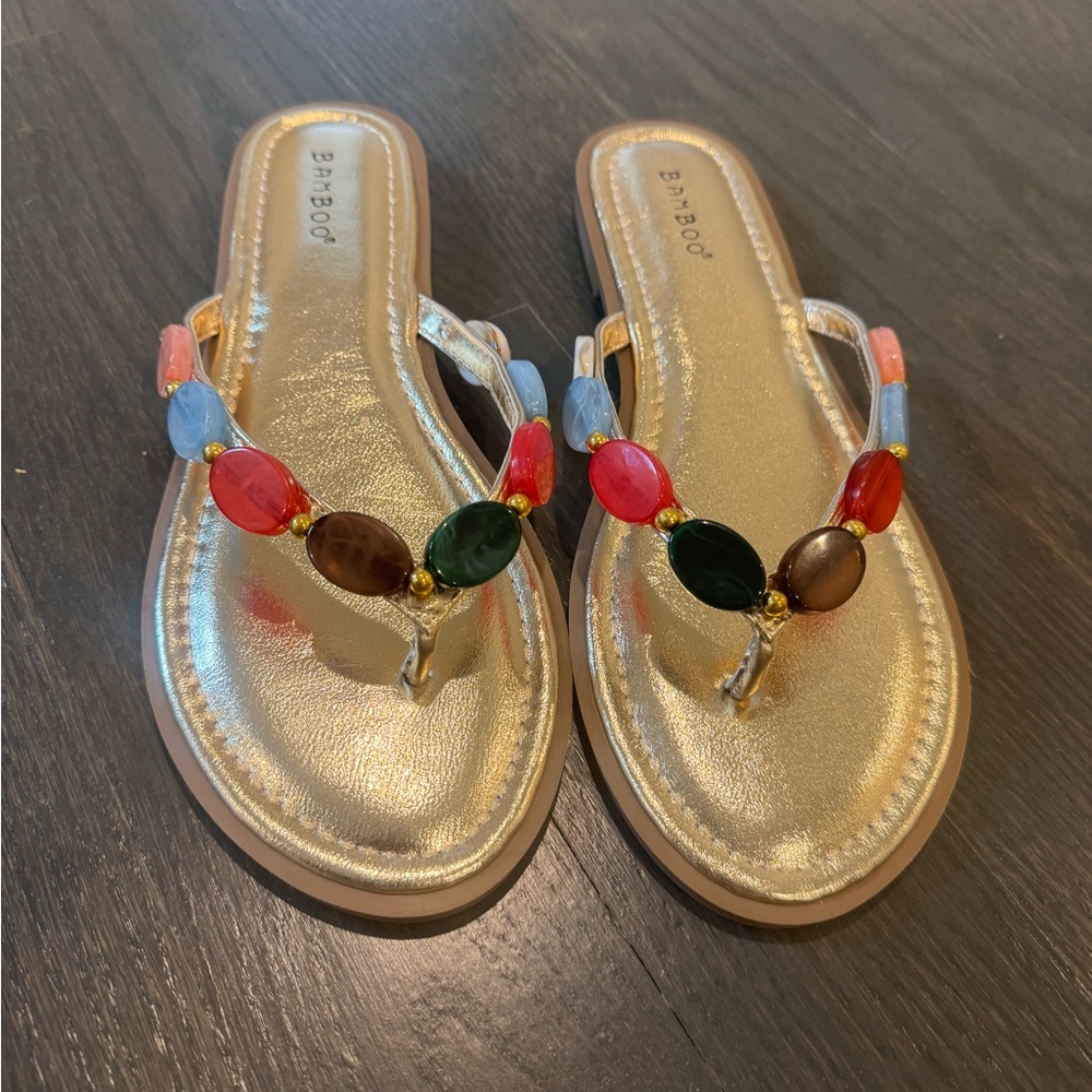 Bamboo Gold Sandals with Colorful Jewels